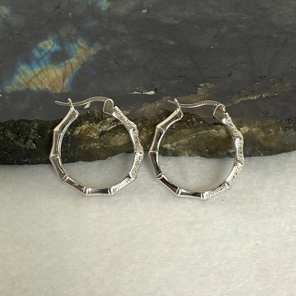 Sterling Silver 925 DBJ Bamboo Style Single Diamond Hoop Earrings MISSING STONE - Picture 16 of 16